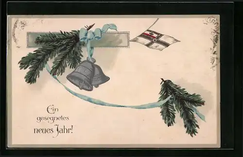 AK Neujahrsgruss mit Glocken und Fahne