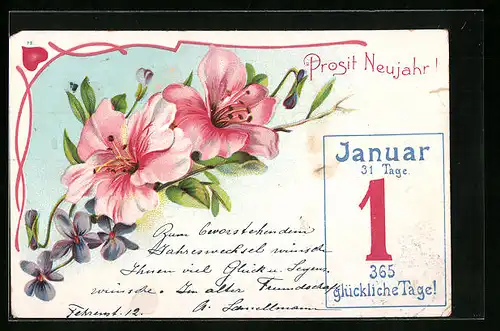 AK Neujahrsgruss mit Blumen und Kalenderblatt