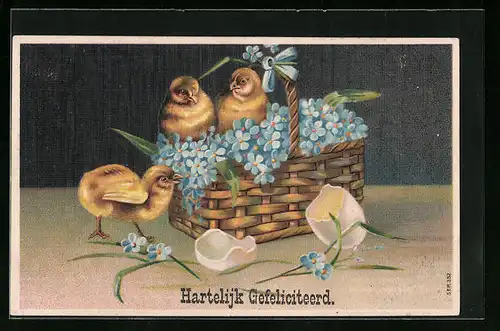 Präge-AK Osterküken sitzen im Korb