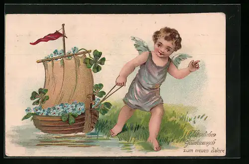 Präge-AK Engel zieht Boot voller Vergissmeinnicht