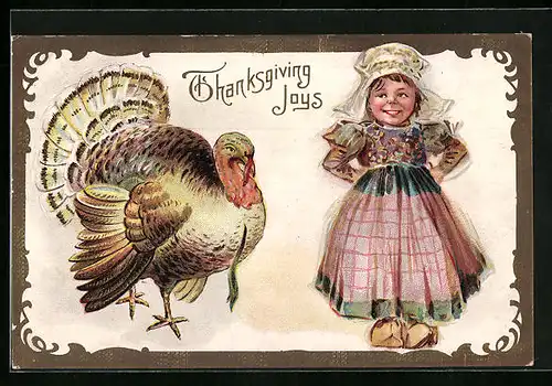 Präge-AK Mädchen neben Truthahn, Thanksgiving