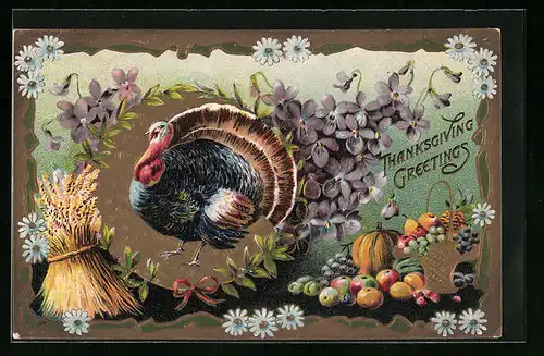 Präge-AK Truthahn und Früchte des Herbstes, Thanksgiving