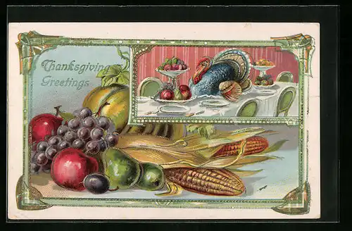 AK Truthahn sitzt ungerupft auf Esstisch, Thanksgiving