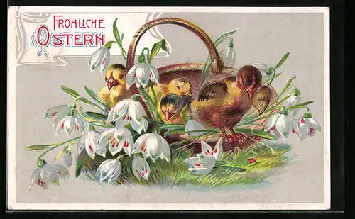 AK Osterküken dösen im Korb