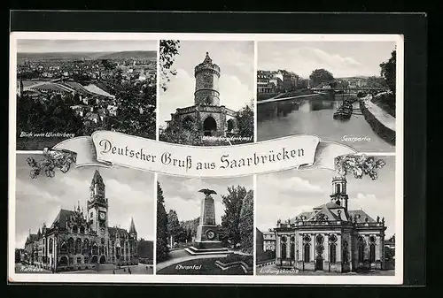 AK Saarbrücken, Deutscher Gruss - Saarpartie, Blick vom Winterberg