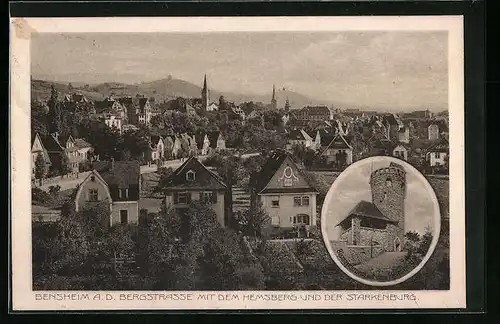 AK Bensheim a. d. Bergstrasse, Ortsansicht mit dem Hemsberg und der Starkenburg