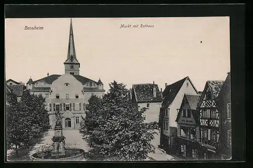 AK Bensheim, Markt mit Rathaus aus der Vogelschau