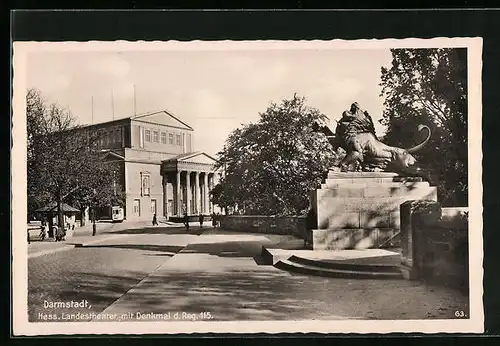AK Darmstadt, Hessisches Landestheater mit Denkmal d. Reg. 115