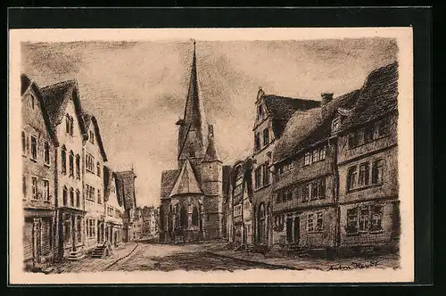 Künstler-AK Schotten, Marktstrasse mit Kirche