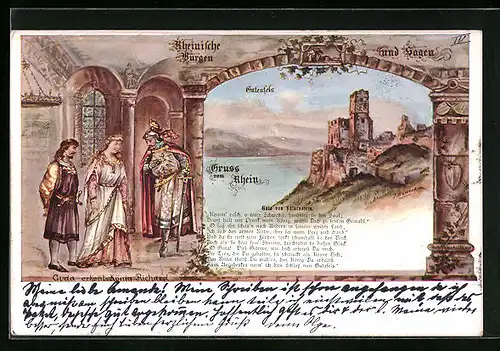 Künstler-AK Kaub, Rheinische Burgen, Gutenfels mit König Richard