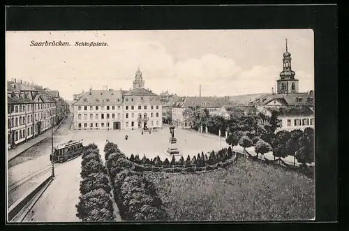 AK Saarbrücken, Schlossplatz mit Strassenbahn