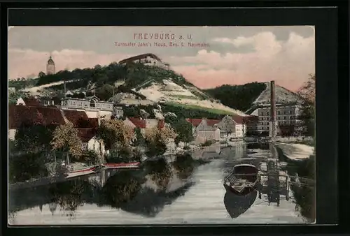 AK Freyburg a. U., Flusspartie mit Turnvater Jahns Haus