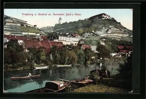 AK Freyburg a. U., Turnvater Jahns Haus mit Fluss und Ruderboot