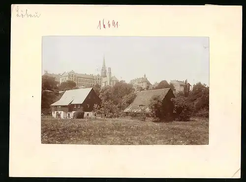 Fotografie Brück & Sohn Meissen, Ansicht Löbau, Gehöft am Ortsrand mit Blick zum Schloss