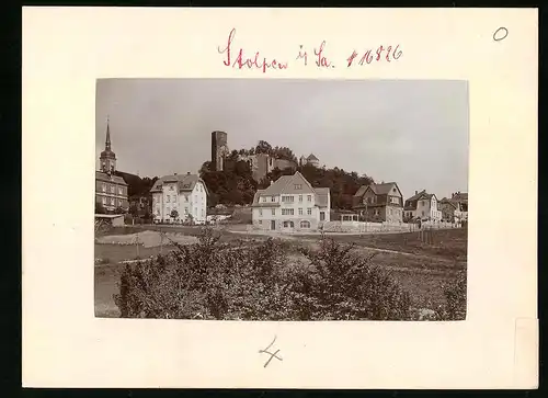 Fotografie Brück & Sohn Meissen, Ansicht Stolpen i. Sa., Ortsansicht mit Villen & Burgruine
