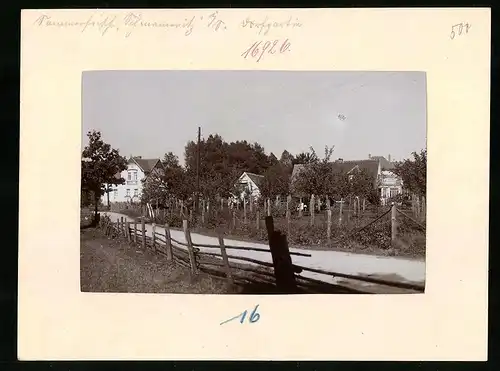 Fotografie Brück & Sohn Meissen, Ansicht Schmannewitz, Strasse am Garten mit Streuobstwiese