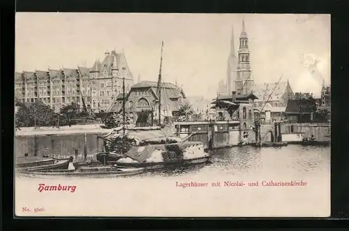 AK Hamburg, Lagerhäuser mit Nicolai- und Catharinenkirche