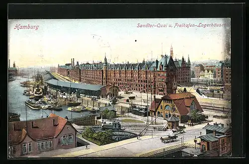 AK Hamburg, Sandthor-Quai und Freihafen-Lagerhäuser
