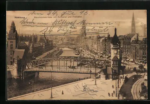 AK Hamburg, Wandrahmsbrücke mit Zollkanal und Freihafen
