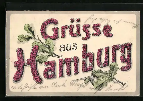 Künstler-AK Hamburg, Schriftzug Grüsse aus Hamburg, Eichenlaub