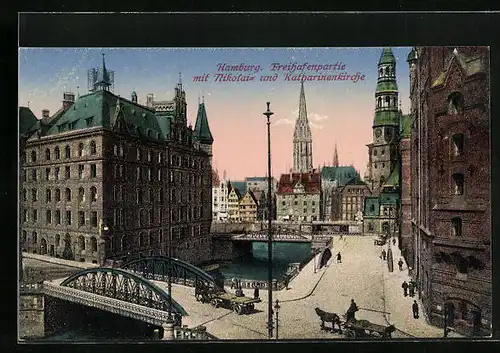 AK Hamburg, Freihafenpartie mit Nikolai- und Katharinenkirche