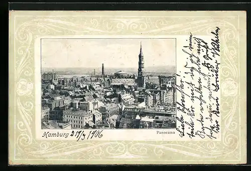 Präge-AK Hamburg, Panorama der Stadt, Ornamente