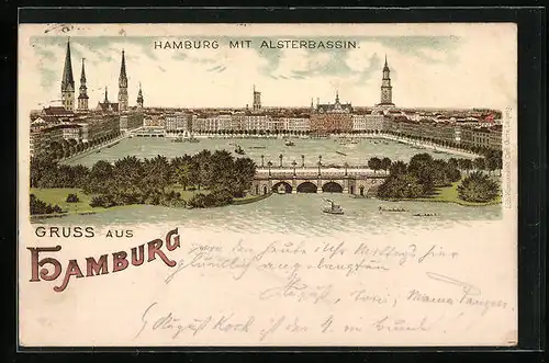Lithographie Hamburg-St.Georg, Totalansicht mit Alsterbassin