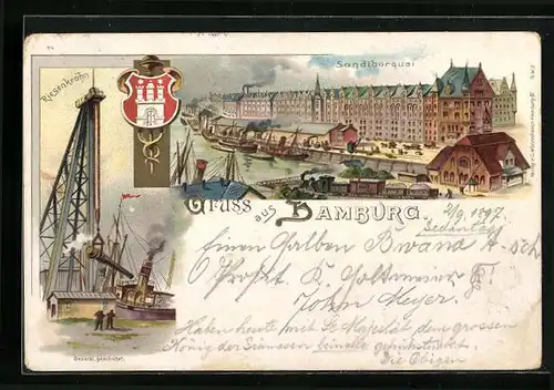 Lithographie Hamburg, Riesenkrähn, Sandthorquai, Wappen