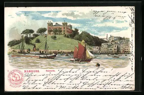 Lithographie Hamburg-St.Pauli, Dampfer und Segelschiff vor der Seewarte