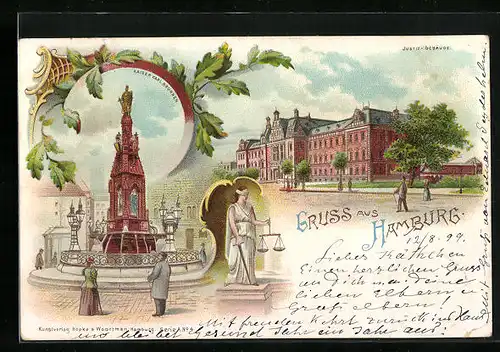 Lithographie Hamburg, Kaiser-Karl-Brunnen, Justizgebäude, Justizia