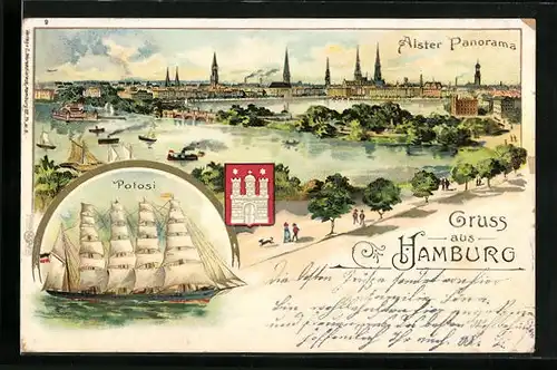 Lithographie Hamburg, Alsterpanorama, Potosi, Wappen