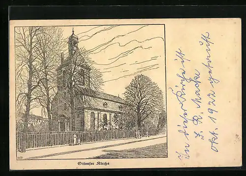 Künstler-AK Hamburg-Altona, Ottenser Kirche von der Strasse gesehen