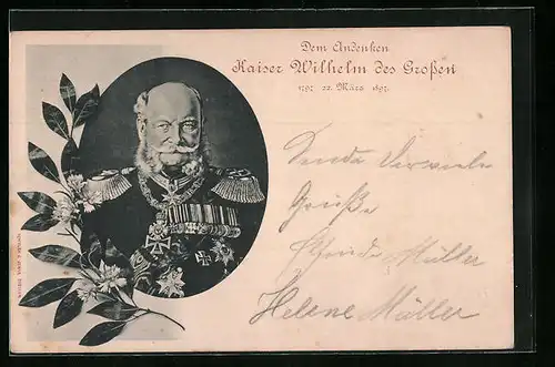 AK Portrait von Kaiser Wilhelm I. in Uniform mit Abzeichen