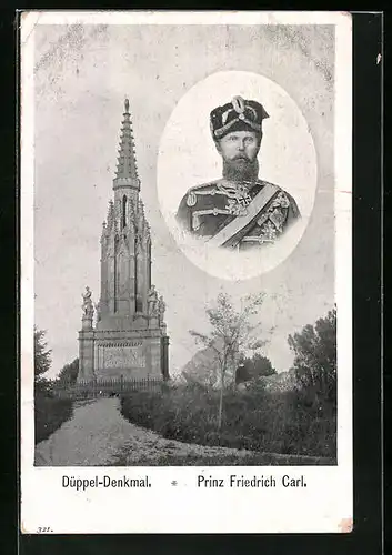 AK Prinz Friedrich Carl in Uniform mit Düppel-Denkmal