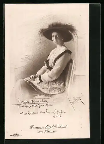 AK Prinzessin Eitel Friedrich von Preussen im edlen Kleid mit Federhut