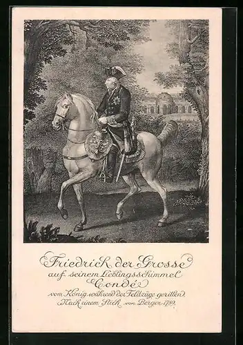 Künstler-AK König Friedrich II. (der Grosse) auf seinem Lieblingsschimmel Condé reitend