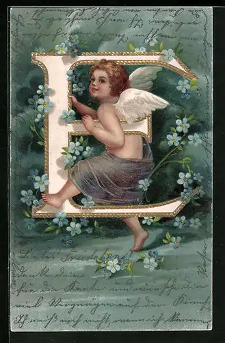 Präge-AK Engel läuft mit Buchstaben E unter dem Arm, von blauen Blumen umrankt