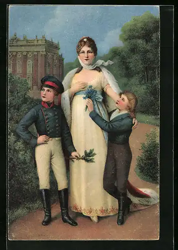 Künstler-AK Königin Luise von Preussen mit den beiden ältesten Prinzen im Park von Sanssouci
