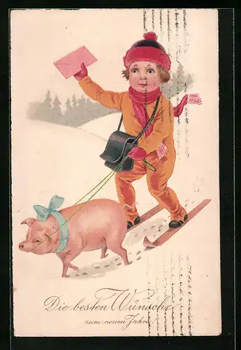 Künstler-AK Knabe als Briefträger mit Schwein an Leine - Neujahrsgruss