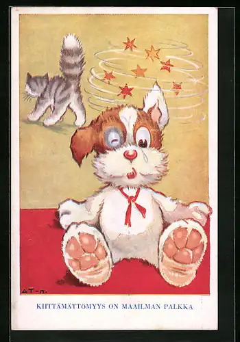 Künstler-AK Stofftier sieht Sterne nach Erlebnis mit Katze