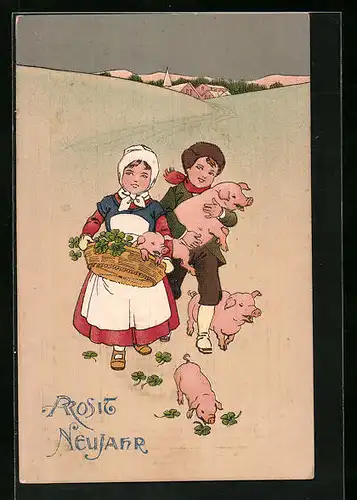 Künstler-AK Mädchen und Junge mit Glücksklee und drei Schweinchen - Neujahrsgruss