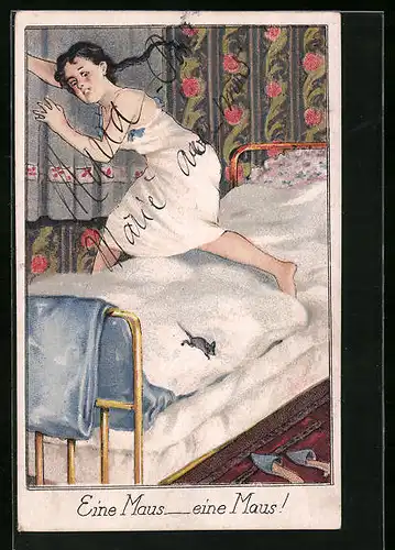 Künstler-AK Mädchen flieht vor einer Maus aus dem Bett