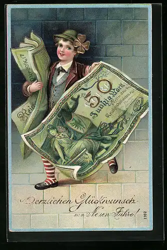 Präge-AK Knabe mit riesigen Geldscheinen zum neuen Jahr