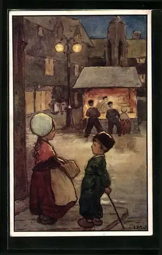 Künstler-AK I.M.J.: Kinder Abends am Marktstand
