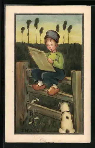 Künstler-AK I.M.J.: Junge mit Hund am Zaun
