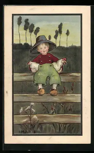 Künstler-AK I.M.J.: Junge mit Hühnern am Zaun