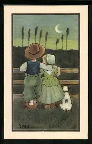 Künstler-AK I.M.J.: Junge umarmt Mädchen bei Mondschein