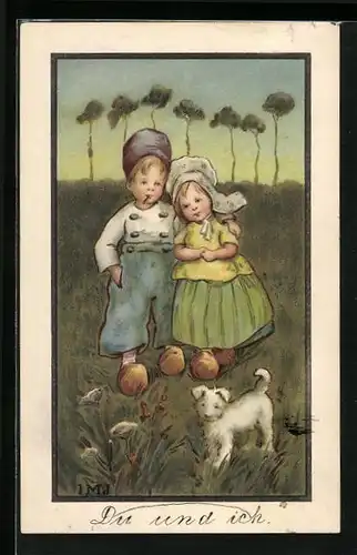 Künstler-AK I.M.J.: Kinderpaar auf Wiese mit Hund