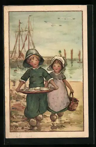 Künstler-AK I.M.J.: Kinder mit Korb voller Fischen am Hafen