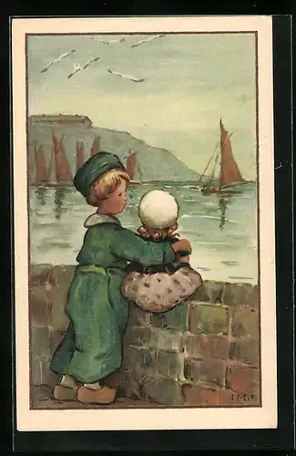 Künstler-AK I.M.J.: Kinder am Hafen mit Möwen